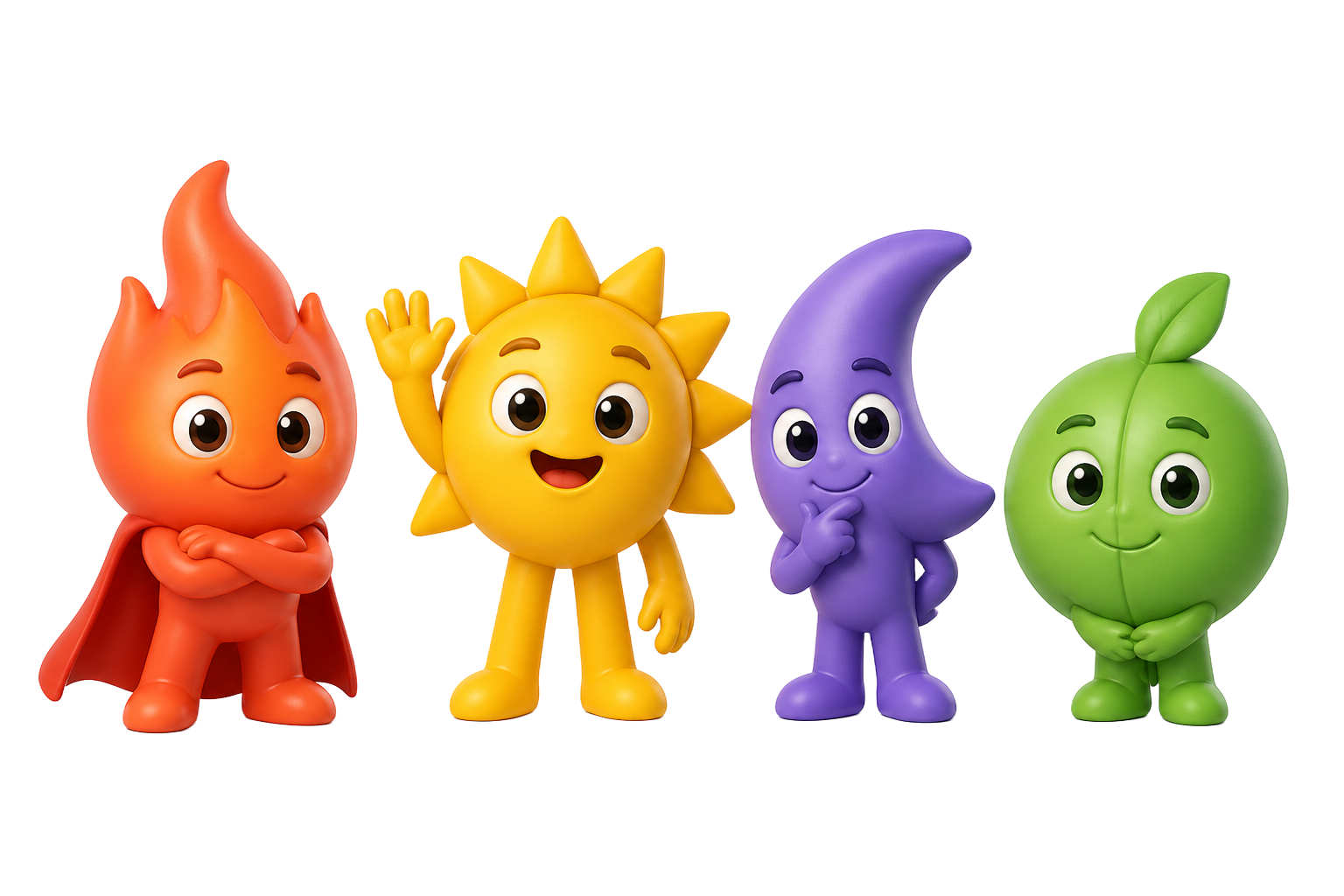 Os quatro mascotes do Qual Seu Perfil: chama, sol, lua e folha